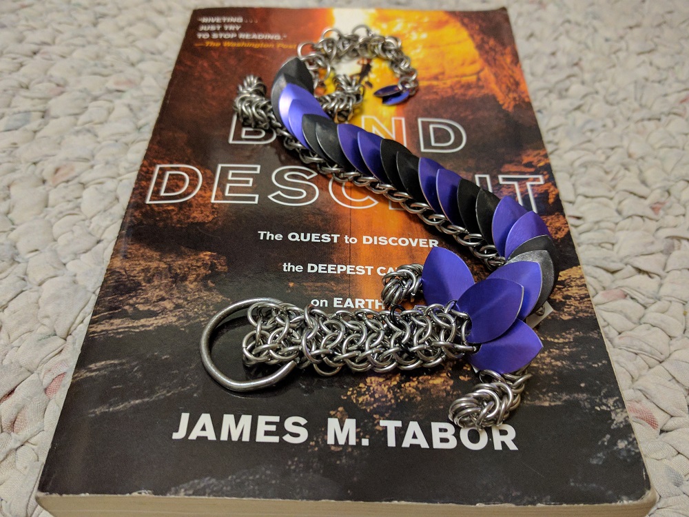 A purple and black striped dragon, laying on top of the caving book Blind Descent.