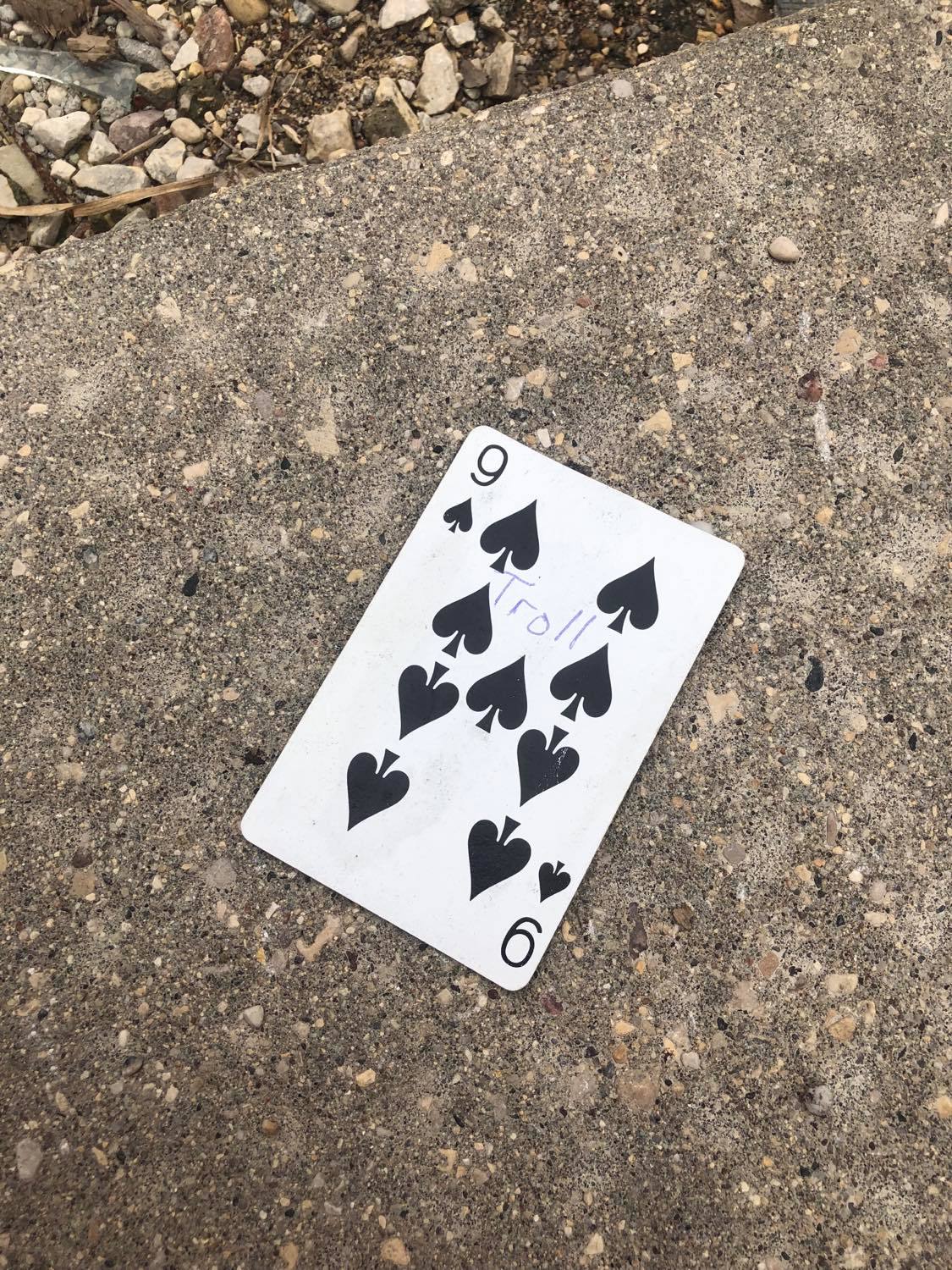 The nine of spades, laying on the ground before the creature.