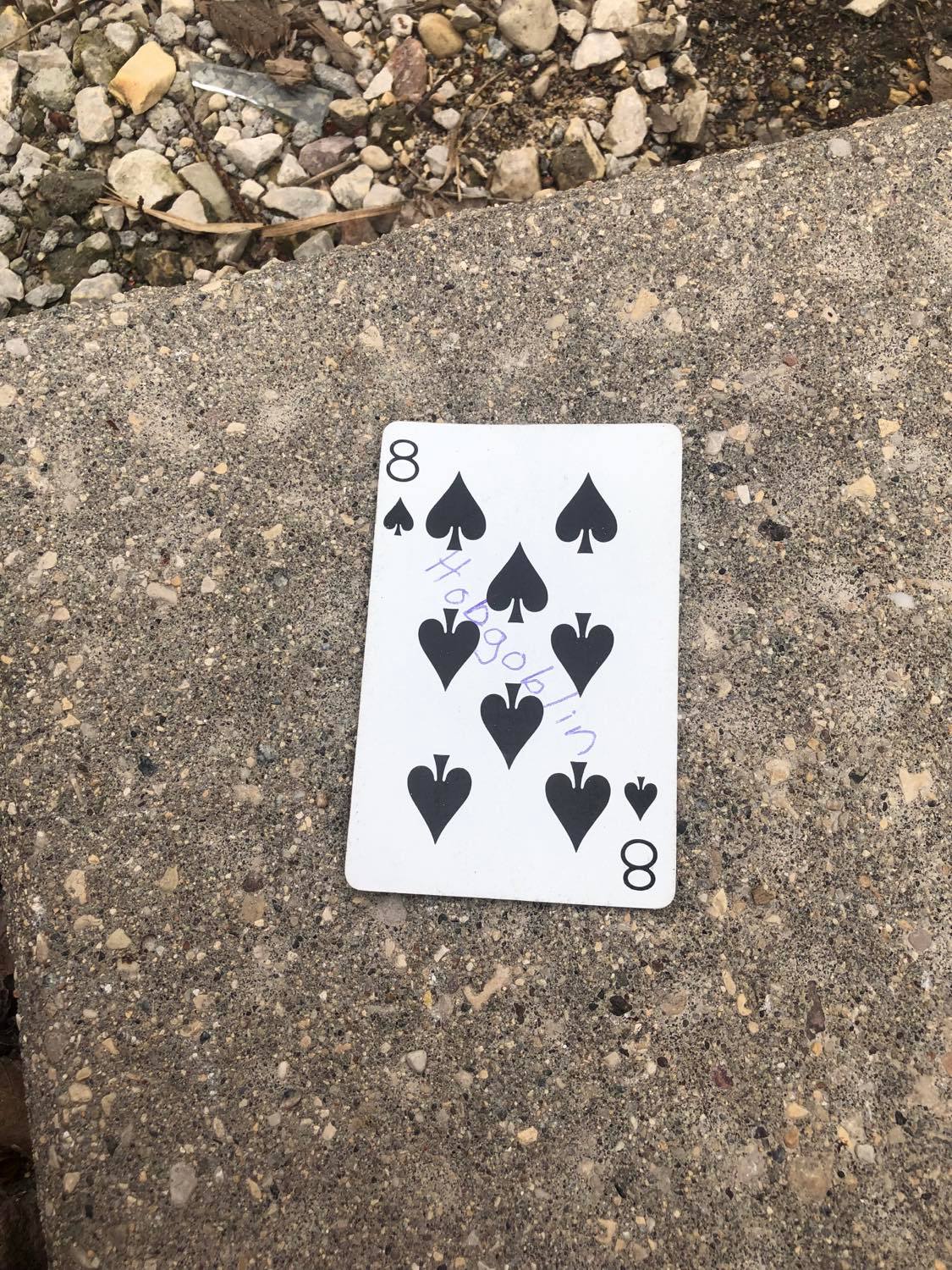 The eight of spades, laying on the ground before the creature.