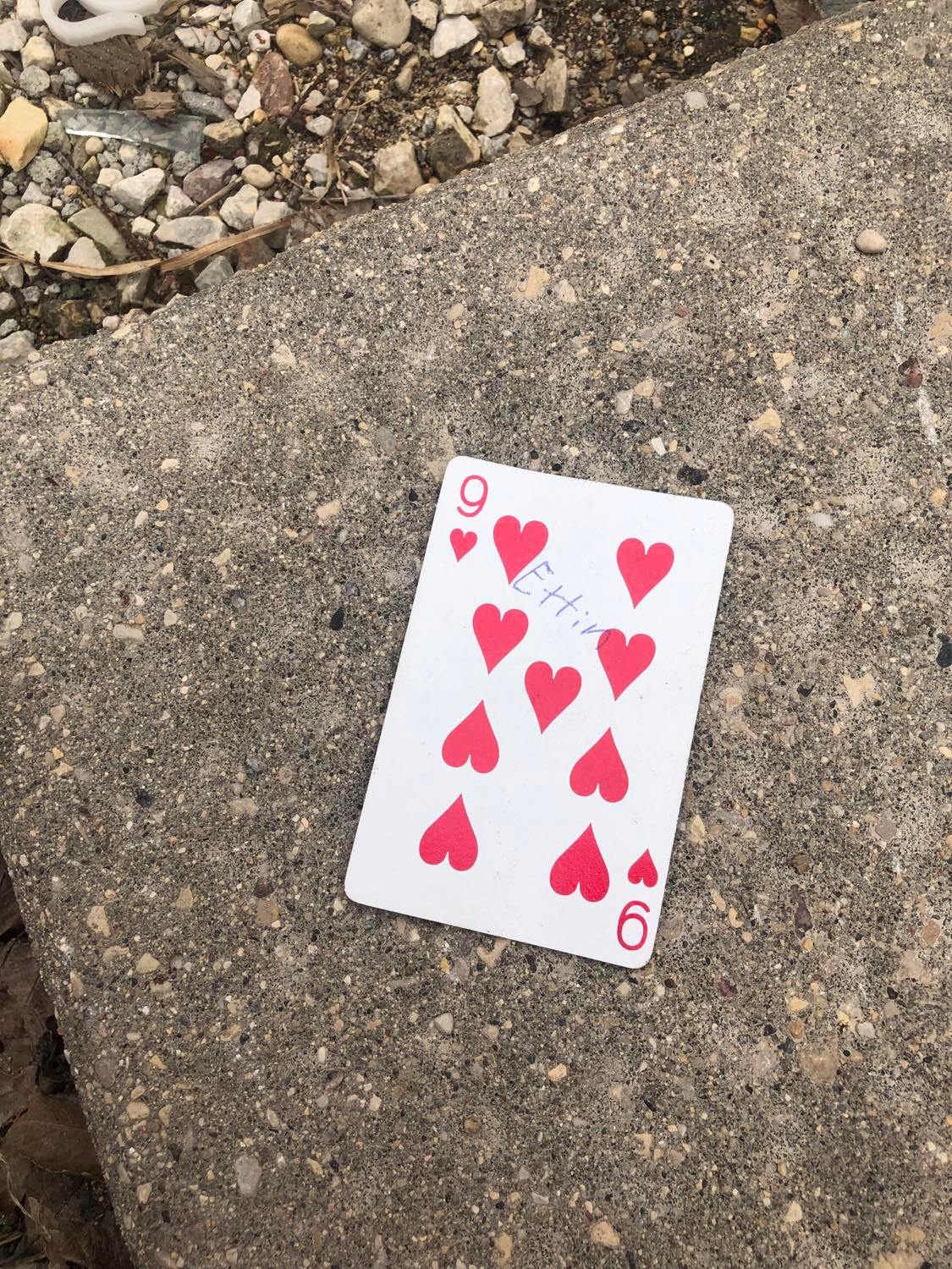 The nine of hearts, laying on the ground before the creature.
