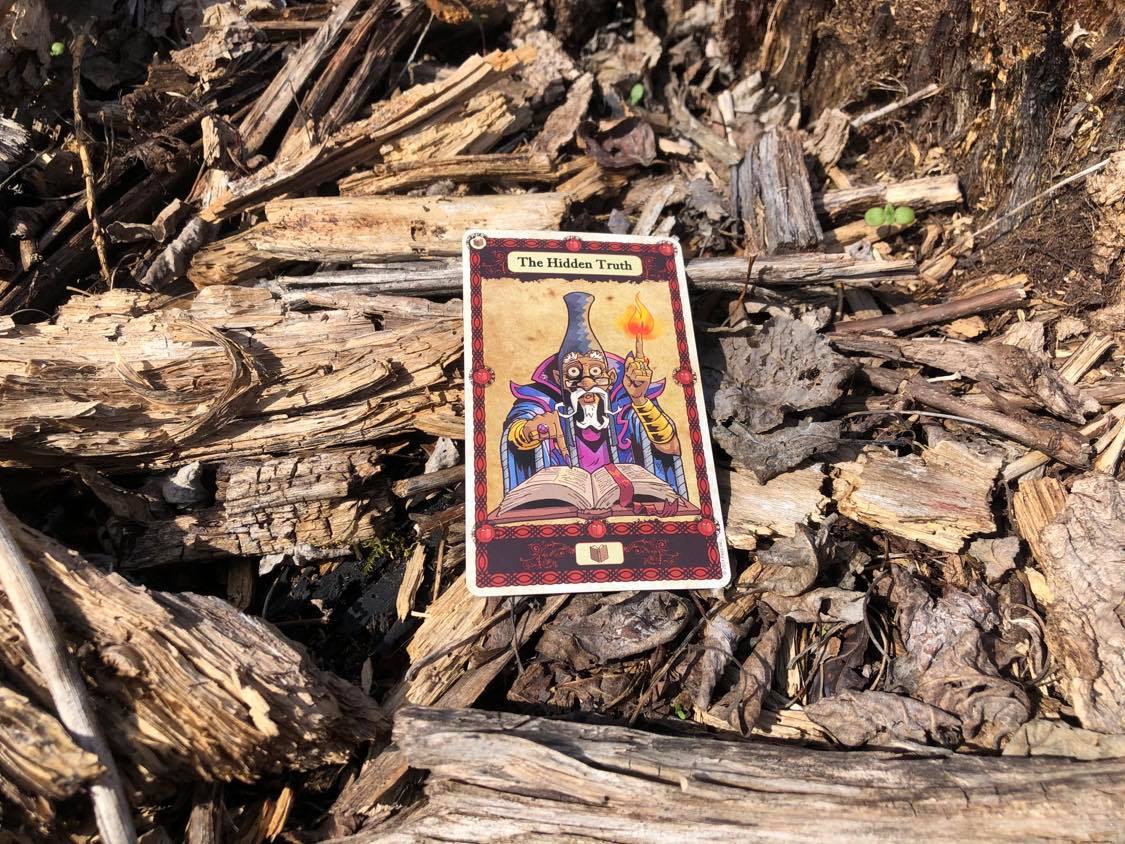 A mystical wizard pointing at you, the card laying on the forest debris.