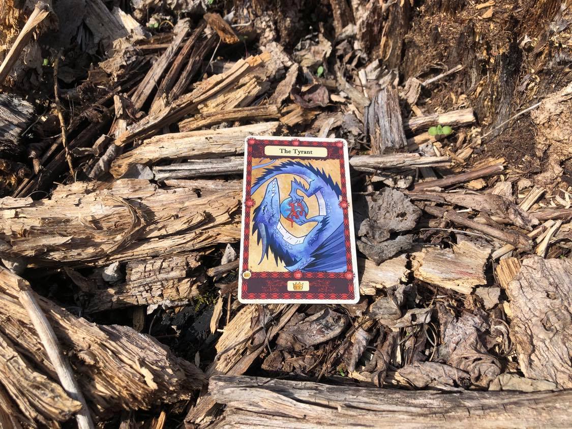 A blue dragon clutching a bleeding egg, the card laying on the forest debris.