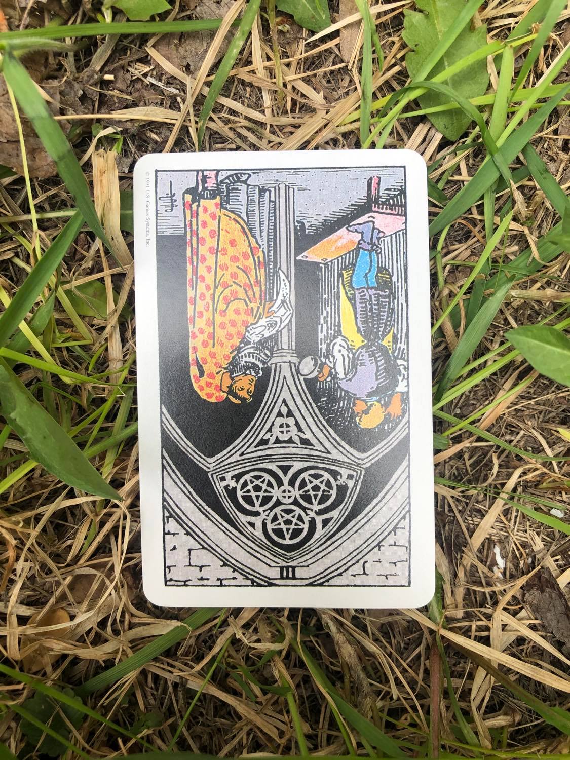 The Three of Pentacles, inverted, laying in the grass.