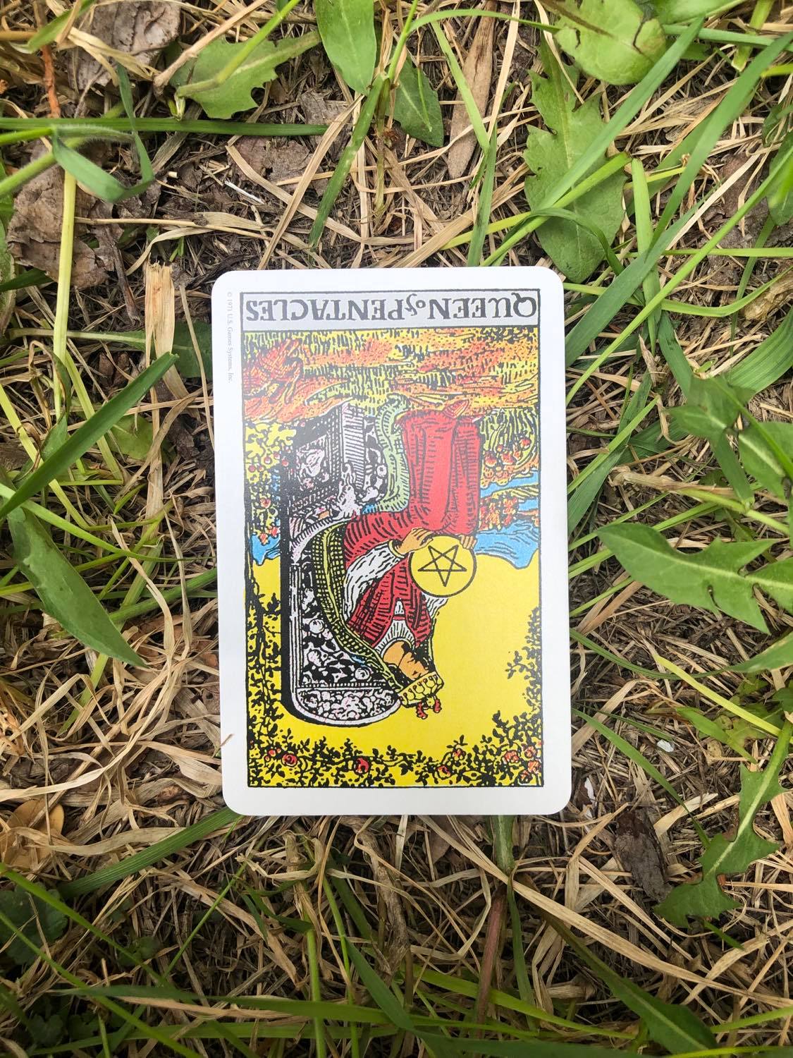The Queen of Pentacles, inverted, laying in the grass.