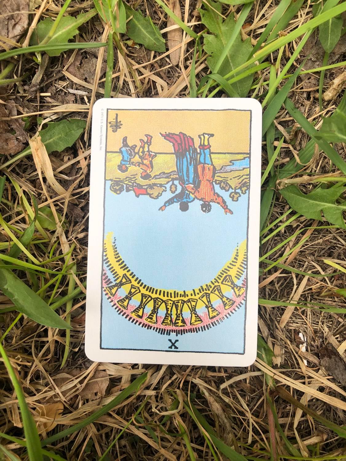 The Ten of Cups, inverted, laying in the grass.