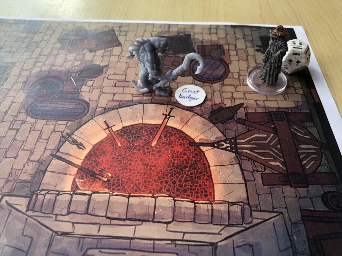 Backed against a wall, the blacksmith looks more relieved as you pull a giant badger from the bag of tricks.