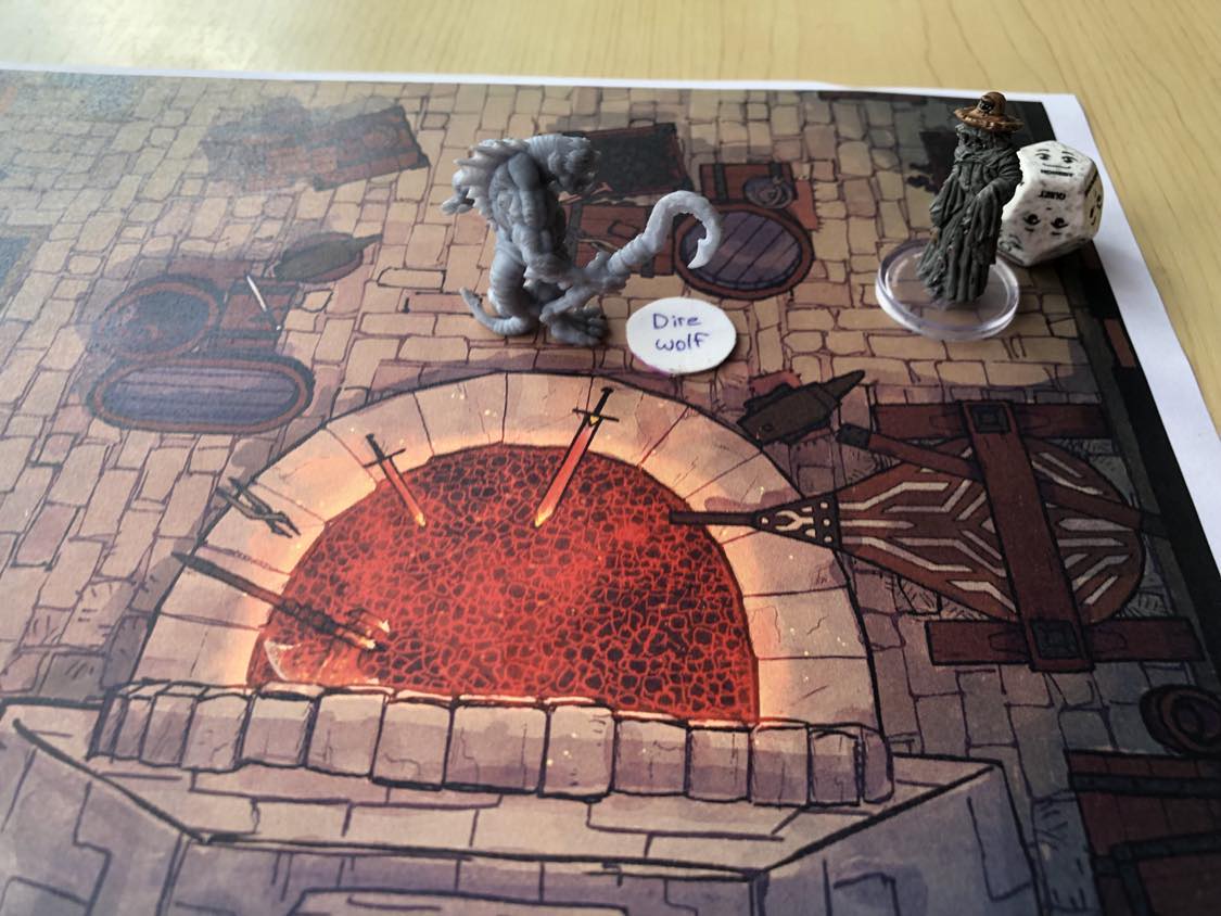 Backed against a wall, the blacksmith looks more relieved as you pull a dire wolf from the bag of tricks.