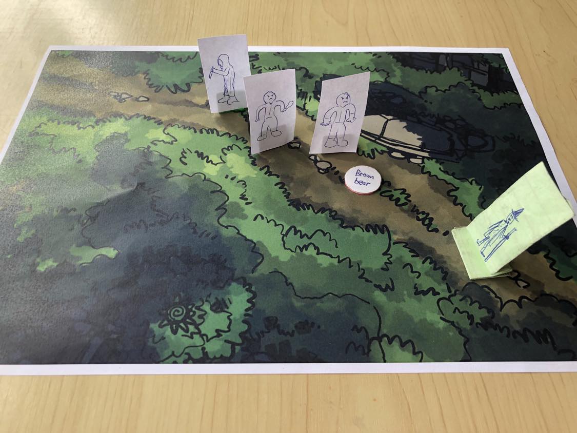 The bandits approach you on the road, but you deftly throw a brown bear between yourself and the bandits!