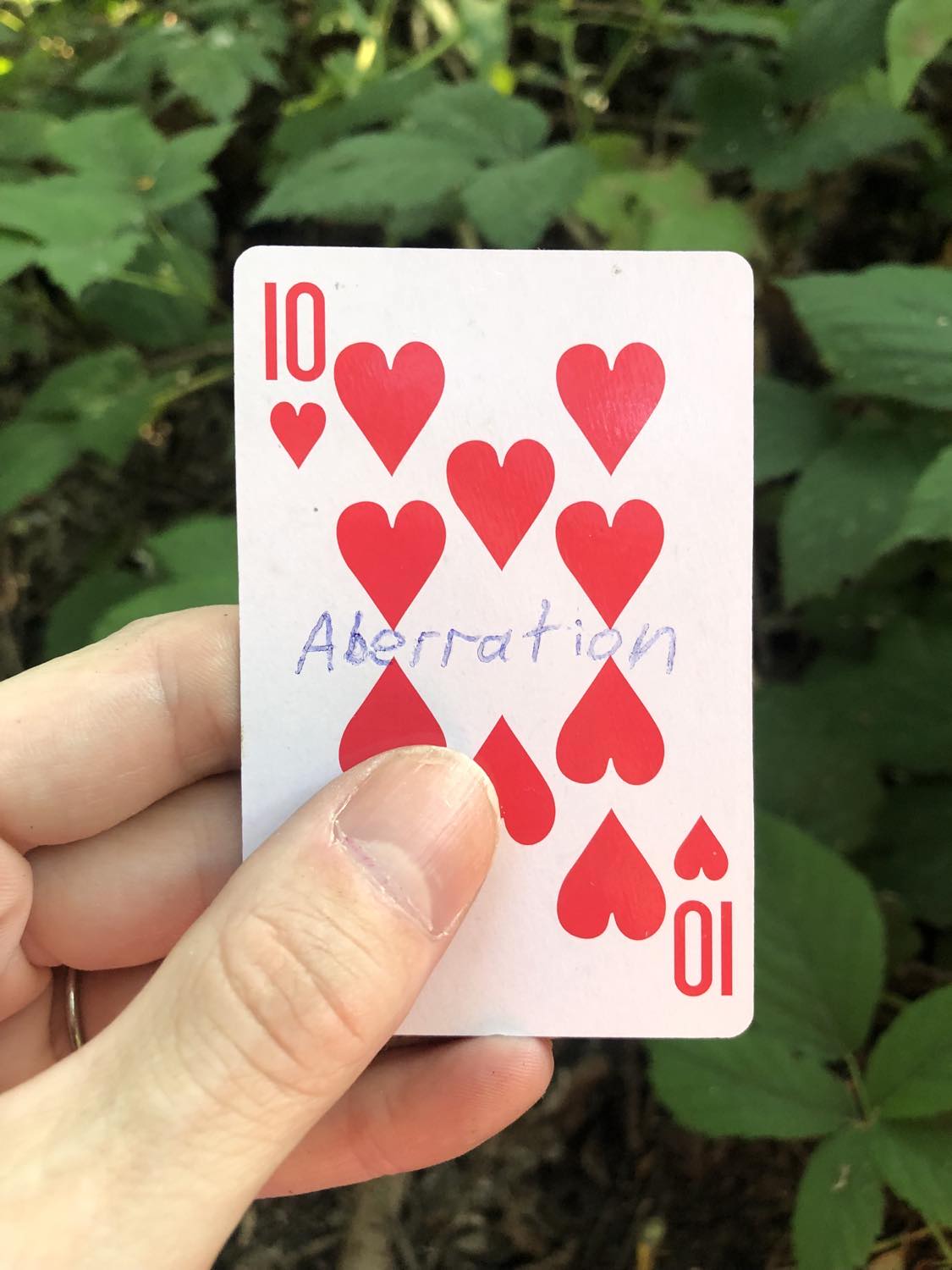 The ten of hearts with the word Aberration written on it, held above the brush.