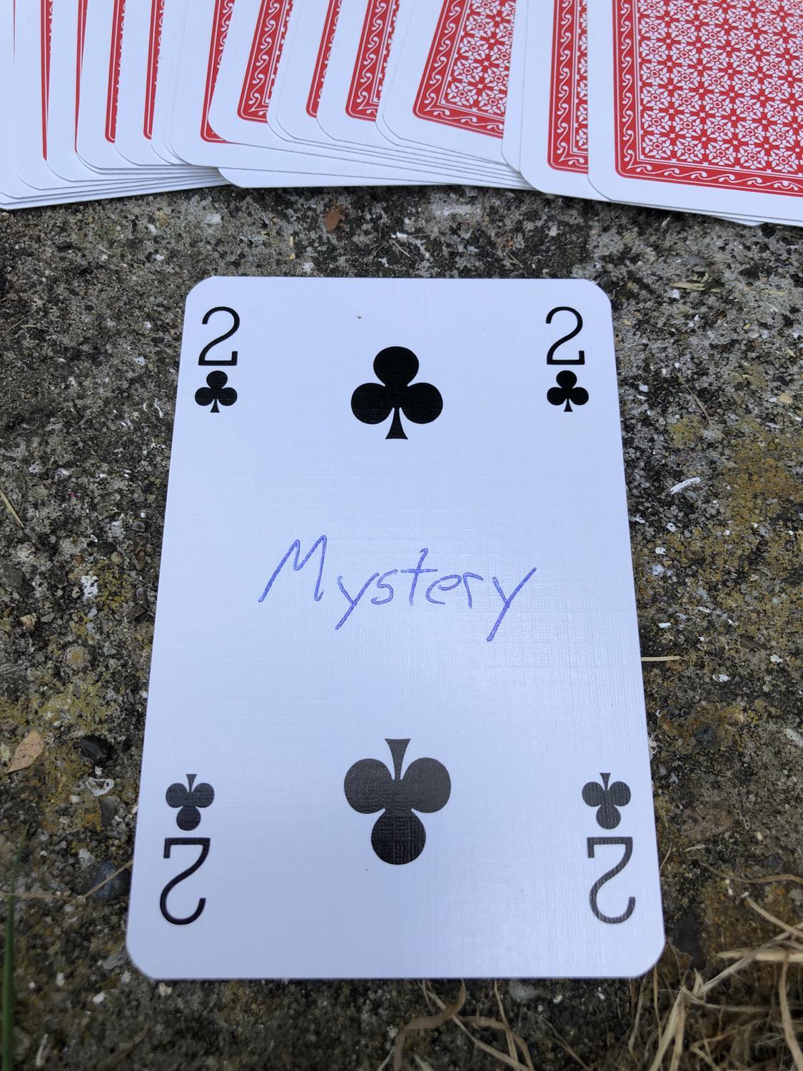 The two of clubs with the word Mystery written on it, laying on the bridge support.