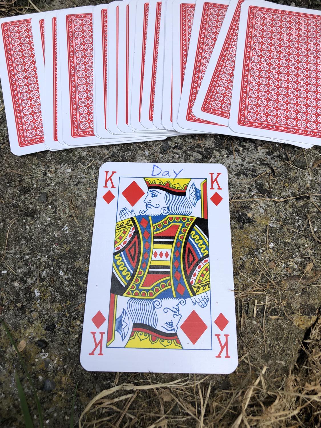 The king of diamonds with the word Day written on it, laying on the bridge support.