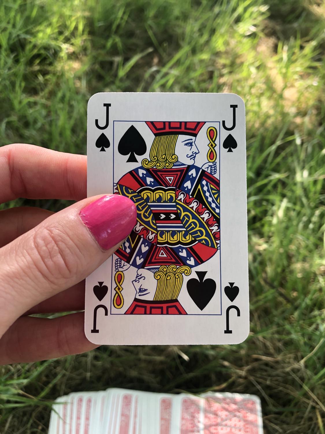 The jack of spades, held up from the drawn out cards.