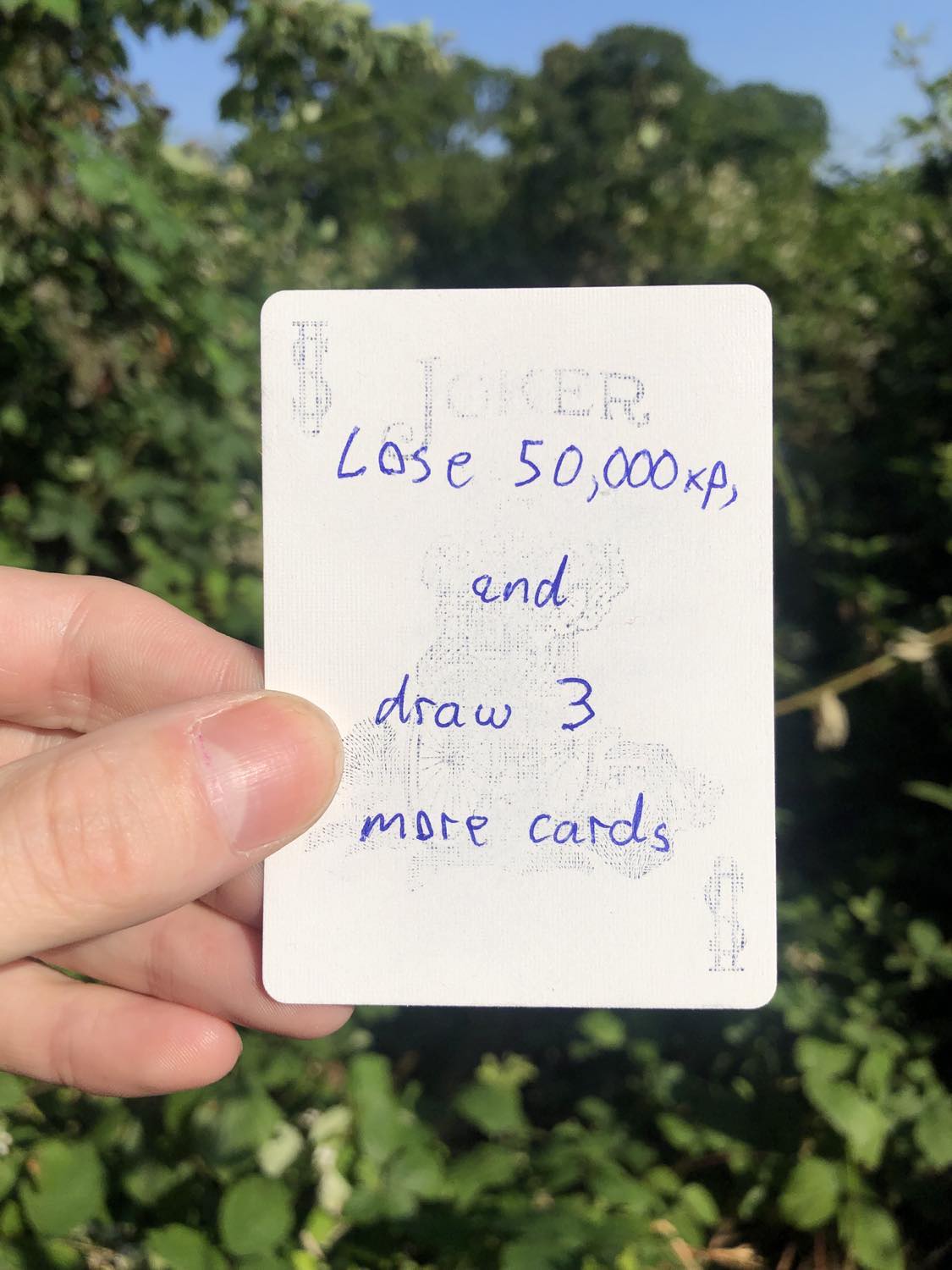 The joker, held with the trees and foliage behind. Lose 50,000 xp, and draw 3 more cards.