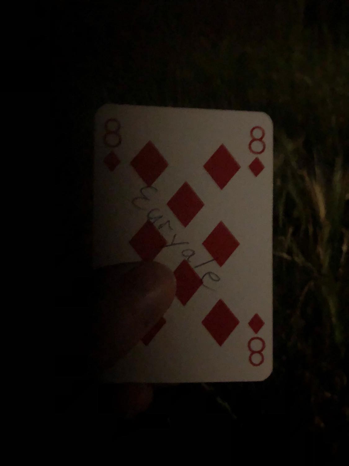 The eight of diamonds with the name Euryale written on it, held in the barely lit dark.
