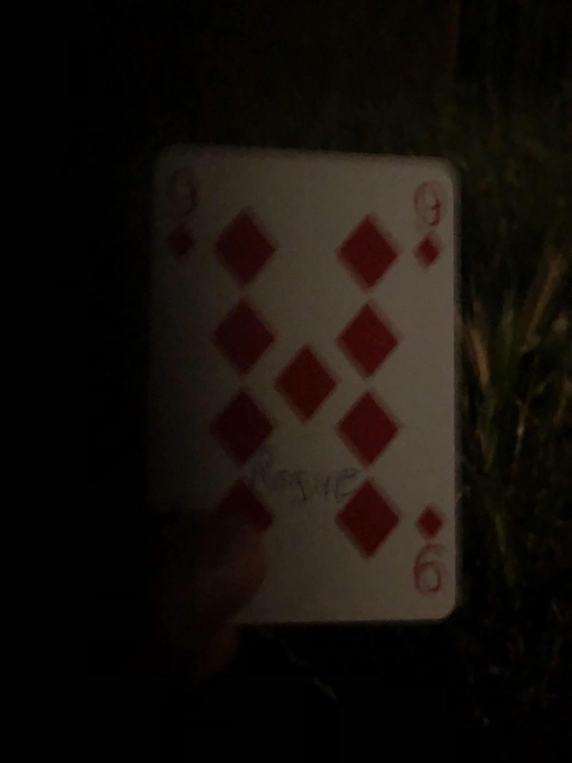 The nine of diamonds with the word Rogue written on it, held in the barely lit dark.