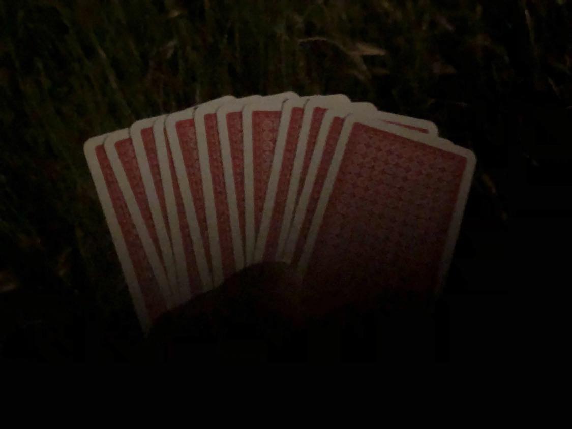 The cards drawn out on the nighttime grass, I wonder which one will occur.