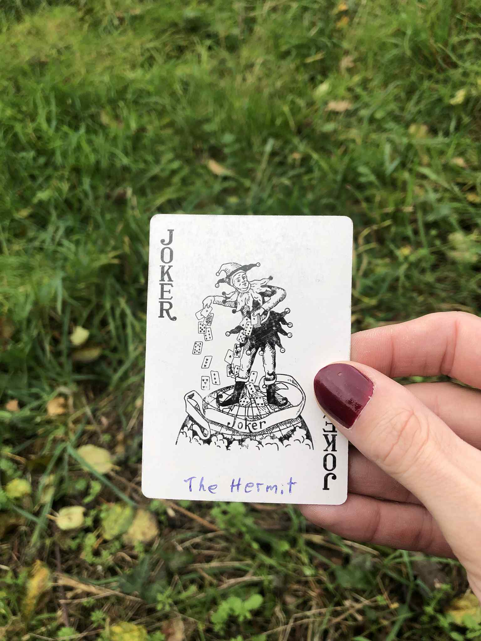 Crouched in the grass, you hold the drawn card before you.